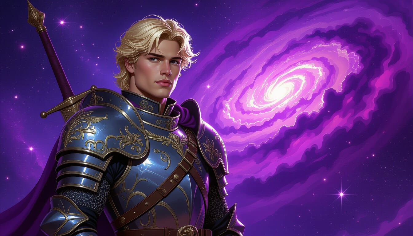 Heroic Man in Armor Against Cosmic Galaxy