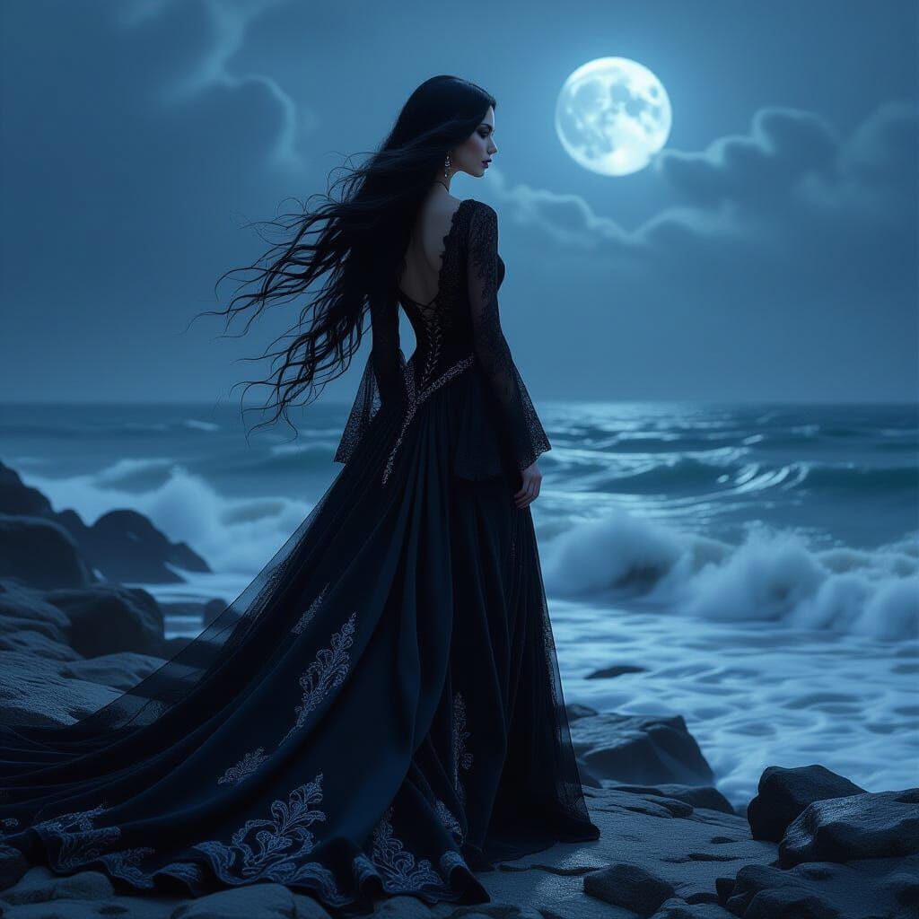 Gothic Woman Gazing at Stormy Sea in Beksiński Style