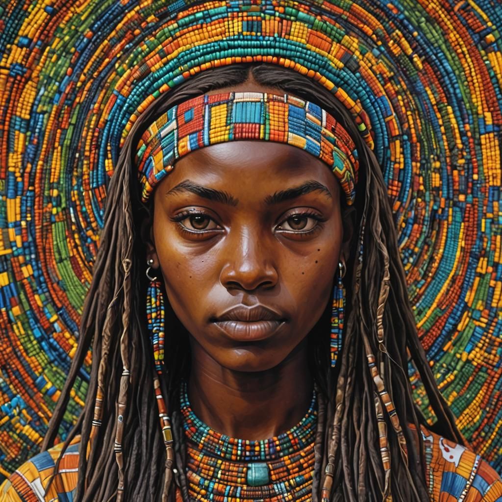 Psychedelic Portrait of Young African Girl with Beads