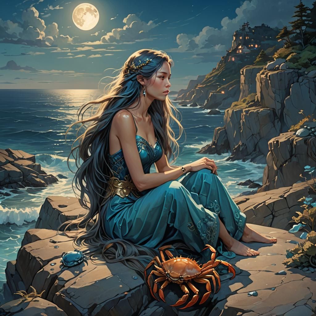 Majestic Seaside Woman with Crab in Art Nouveau Style