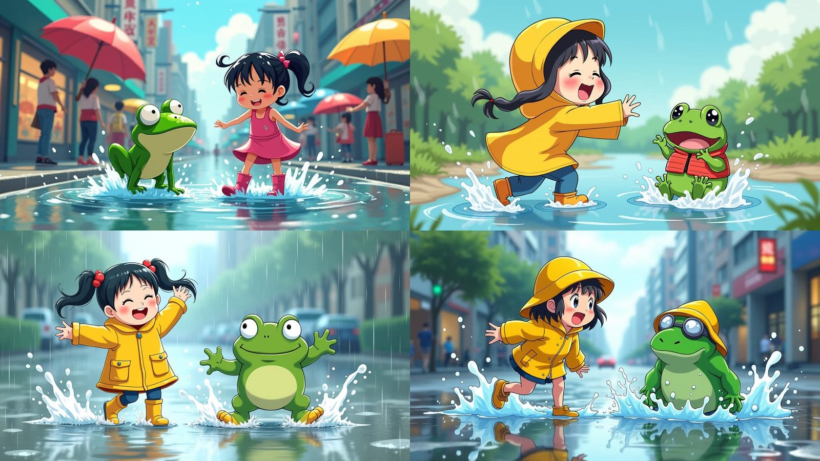 Anime Girl and Frog Friend Splashing