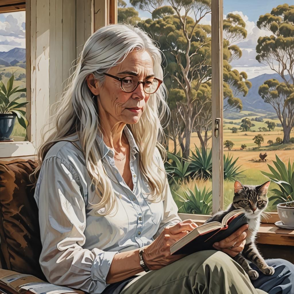 Woman Reading with Cat in Australian Landscape
