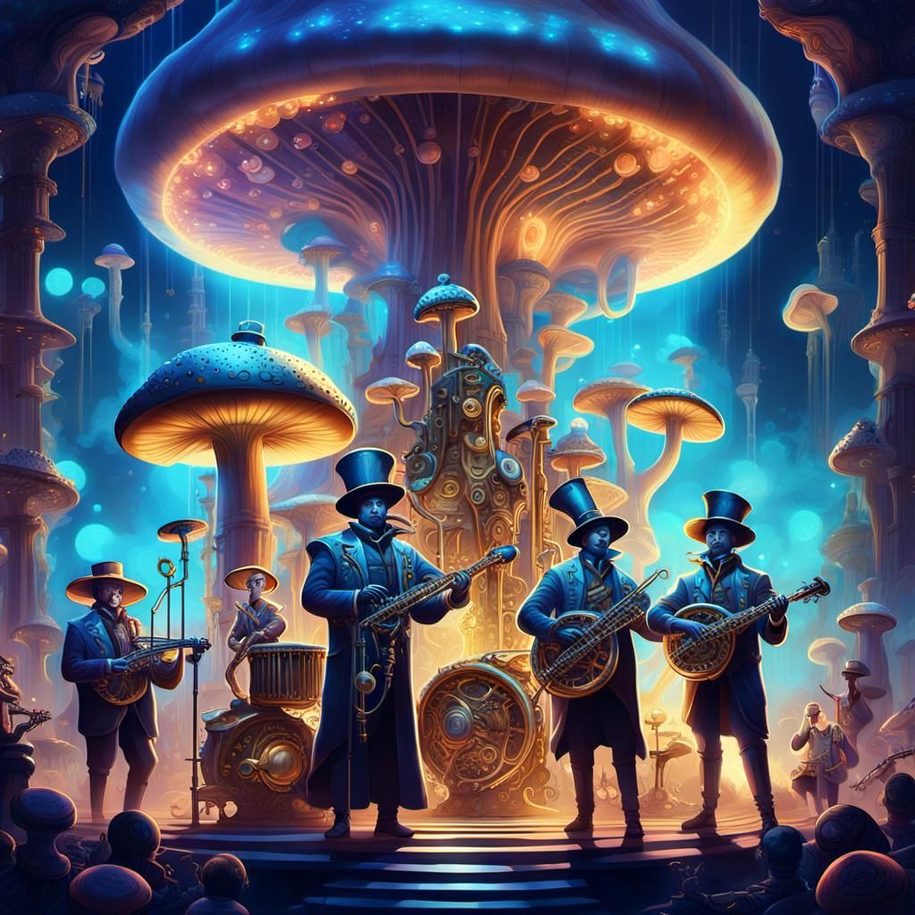 Retro-Futuristic Musicians in a Dreamlike, Moonlit Concert