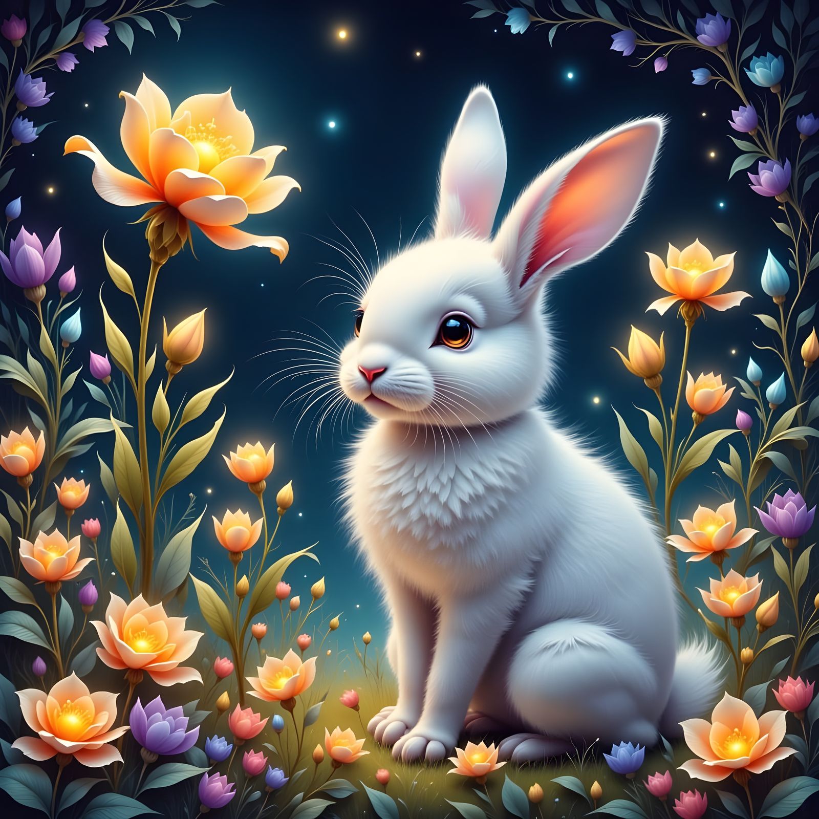 Fluffy Bunny Among Ethereal Orbs in Gouache Style