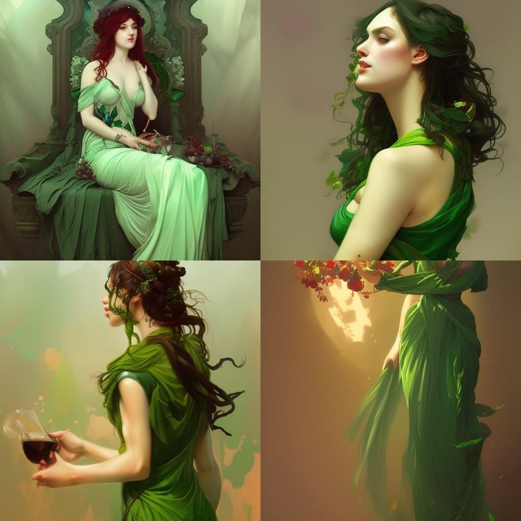 Persephone Portrait in Green Dress, Hyperdetailed Art