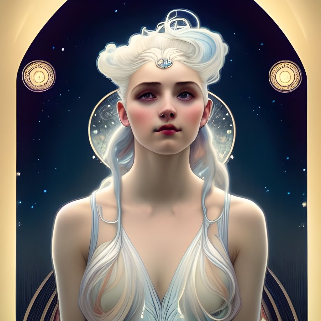 Art Deco Woman with White Hair and Starry Sky