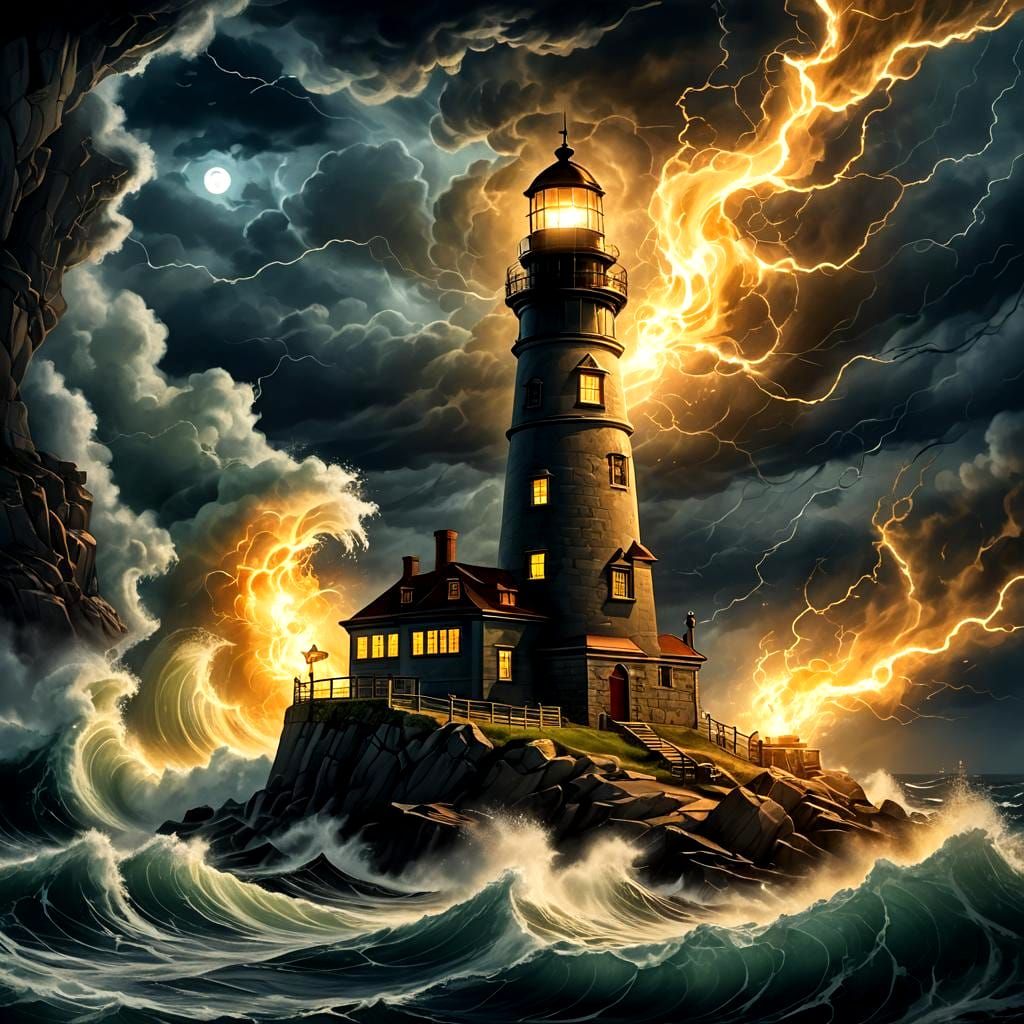 New England Lighthouse in Stormy Night Scene