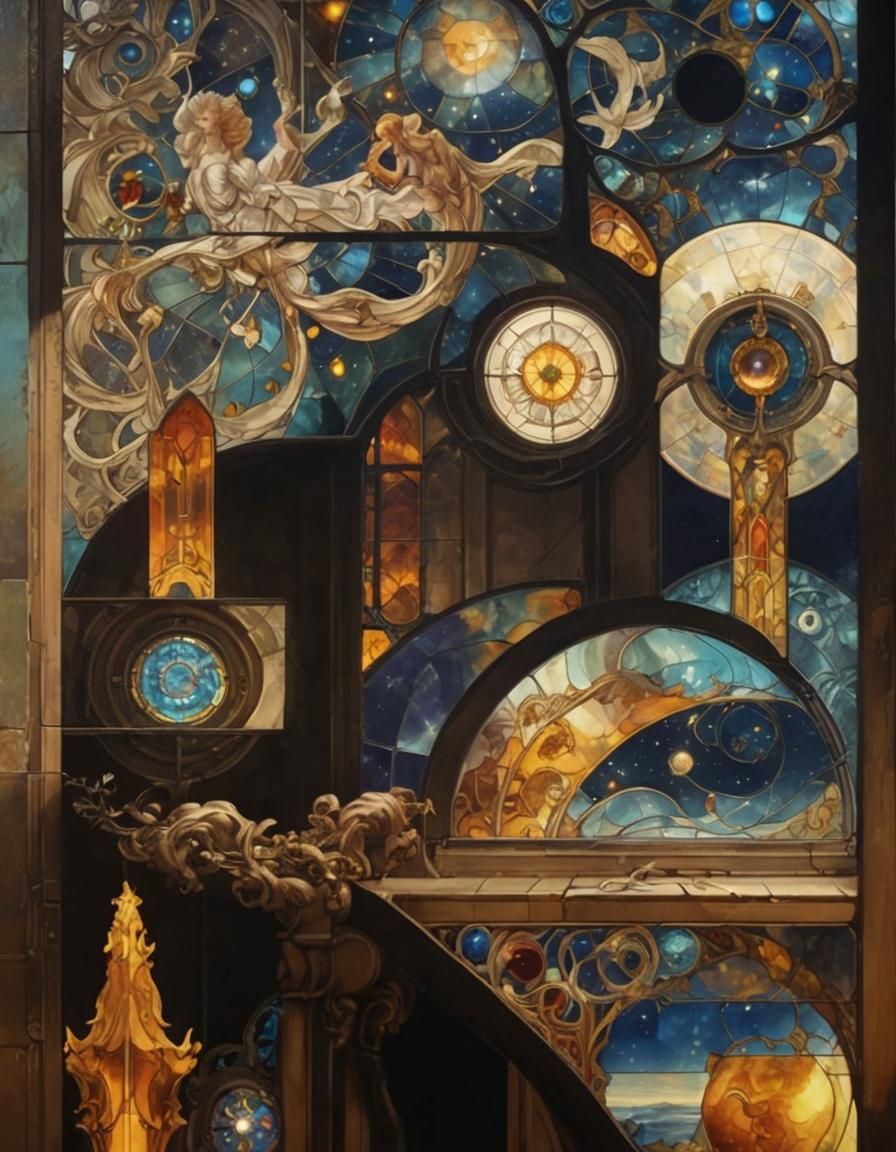 Fantasy Stained Glass Window with Art Nouveau Elements