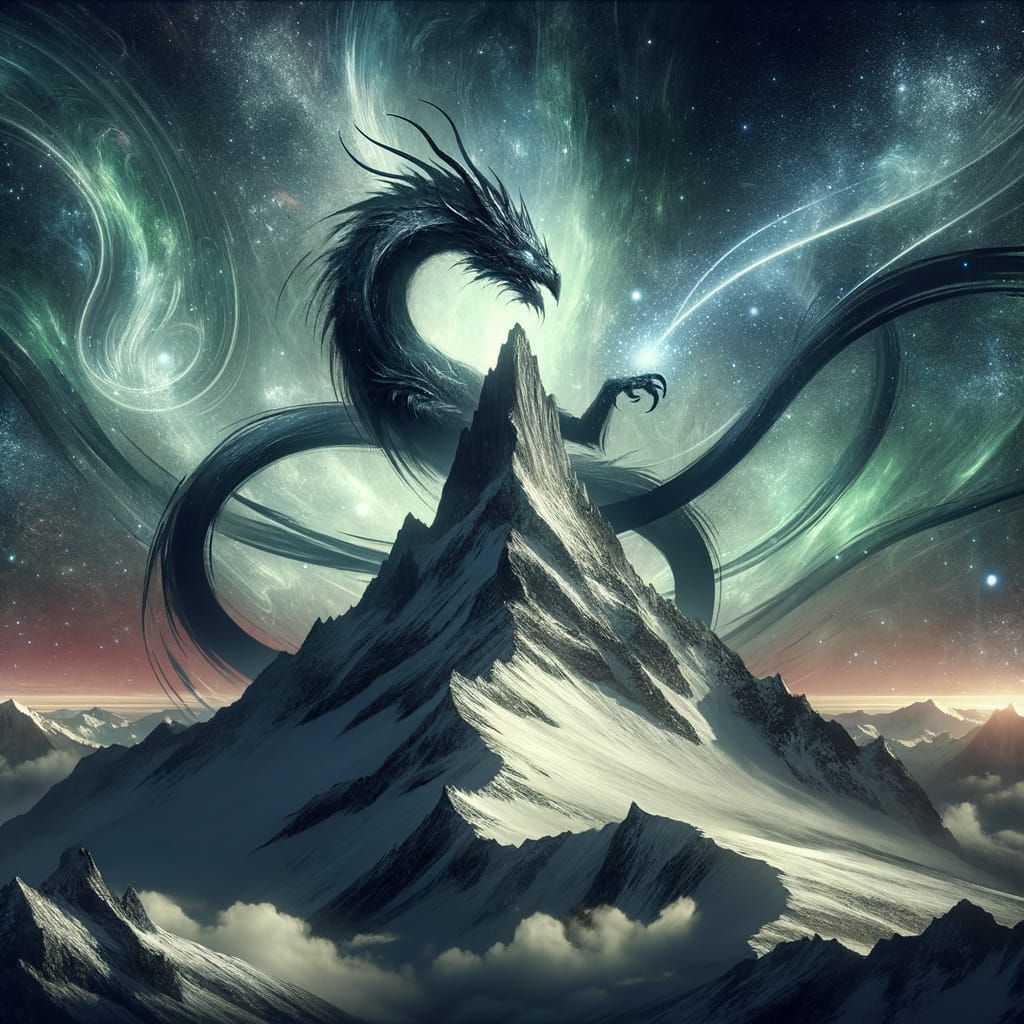 Obsidian Dragon on Crystalline Peak Under Aurora Sky