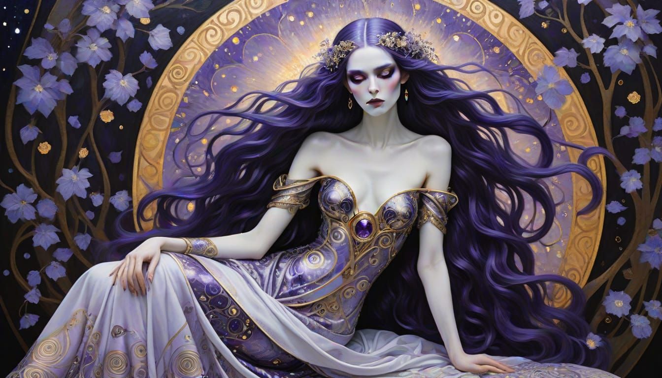 Ethereal Dark Elf Goddess in Opulent Klimt Style