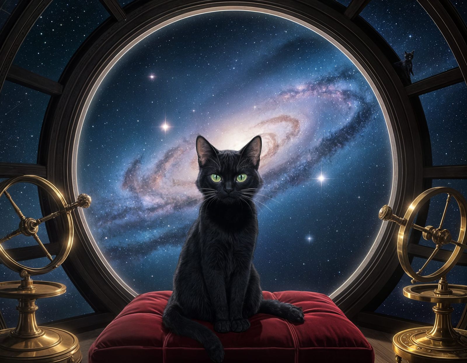 Black Cat in Observatory Gazing at Galaxy | Manga Anime Styl...