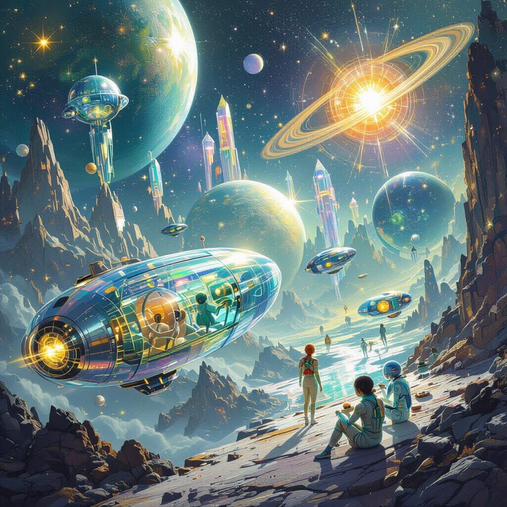 Futuristic Solar System With Crystalline Stars and Aliens