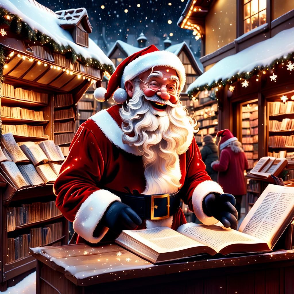 Santa Claus Laughing at Christmas Market Bookshop
