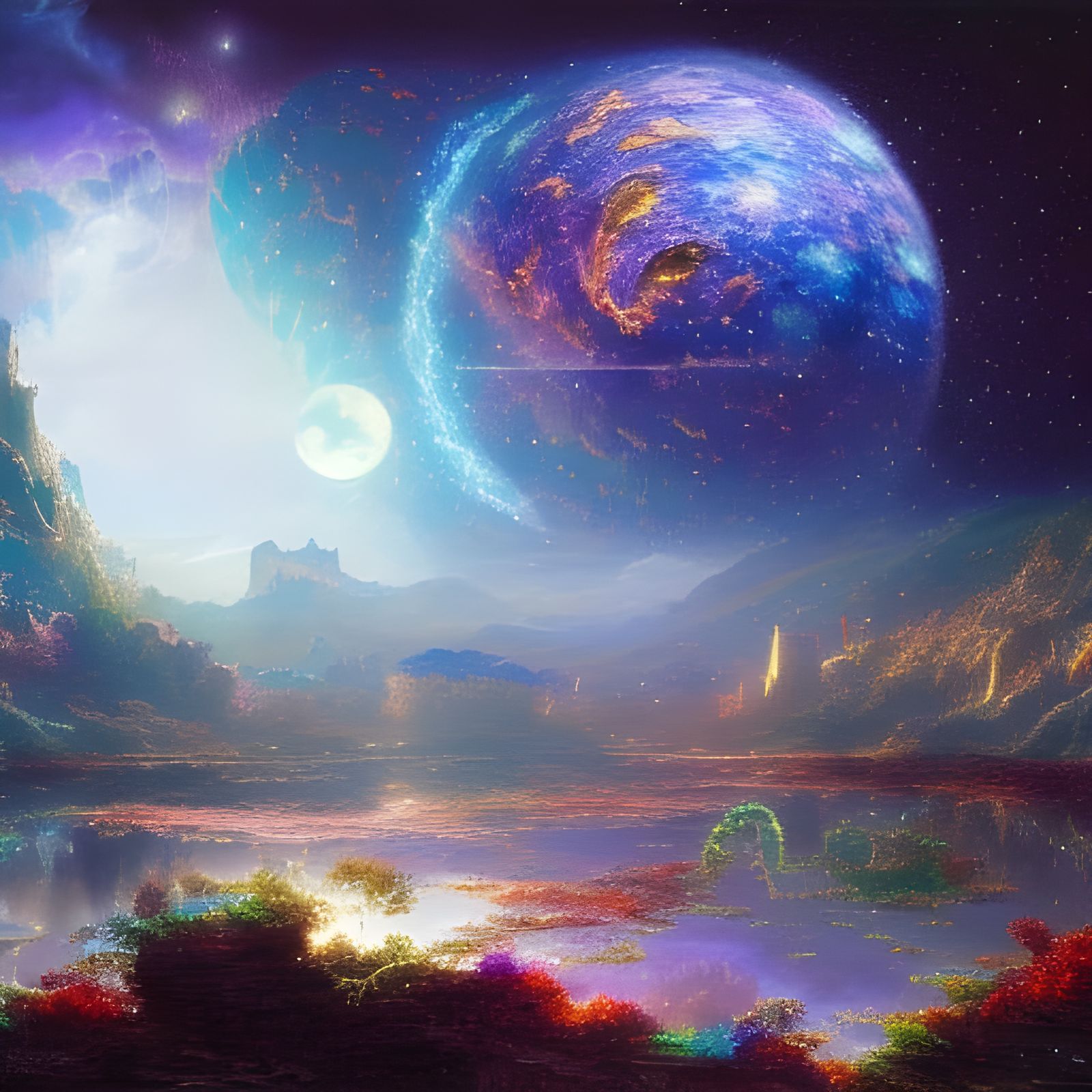 Jewel Moonscape at Night: Digital Illustration