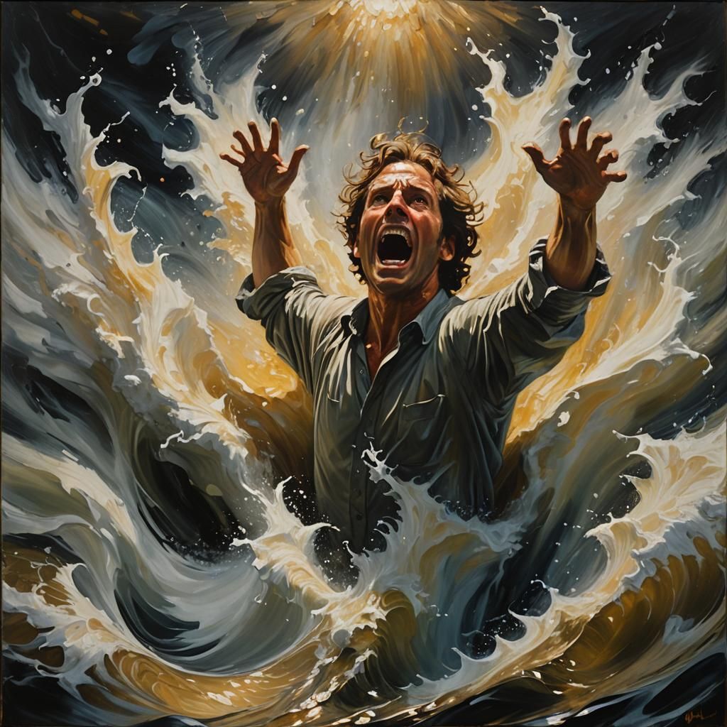 Drowning Figure Reaches for Wings: Dramatic Oil Painting