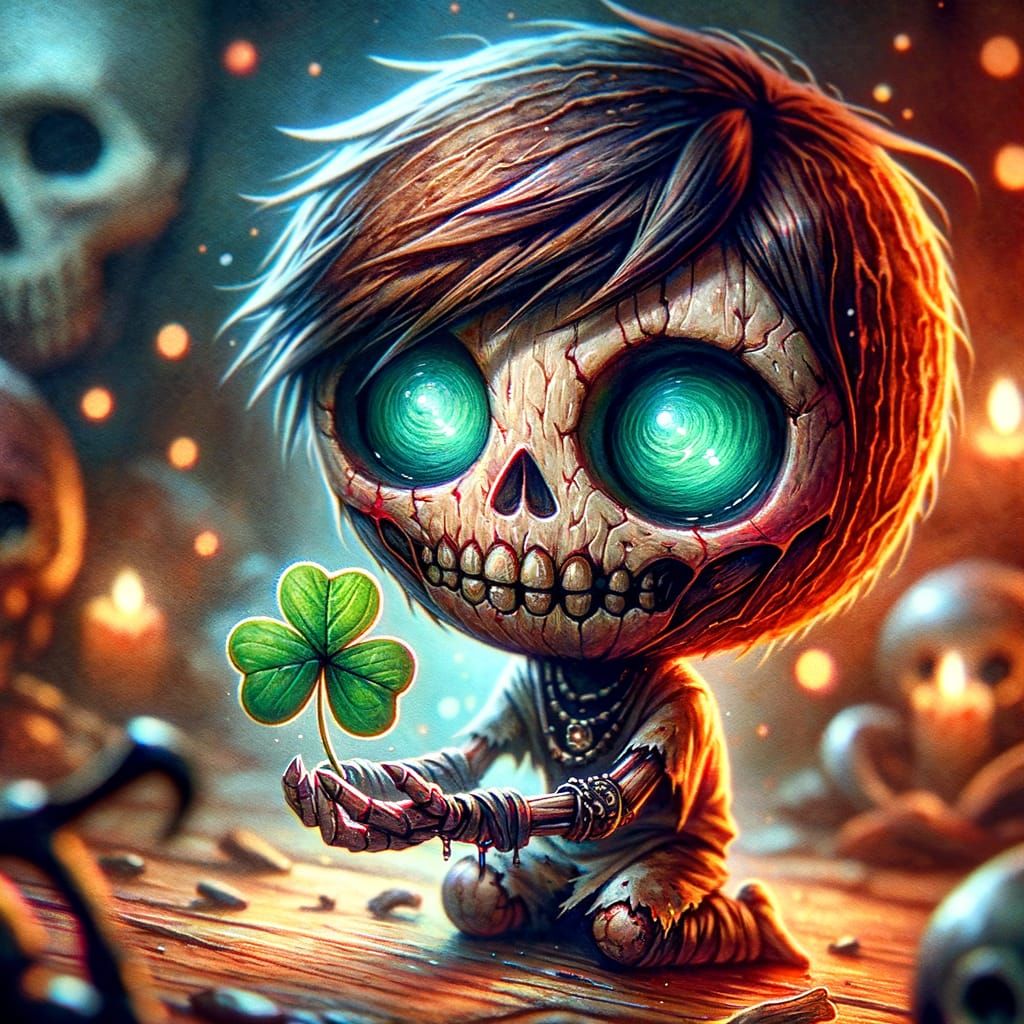 Undead Coconut Character with Four-Leaf Clover