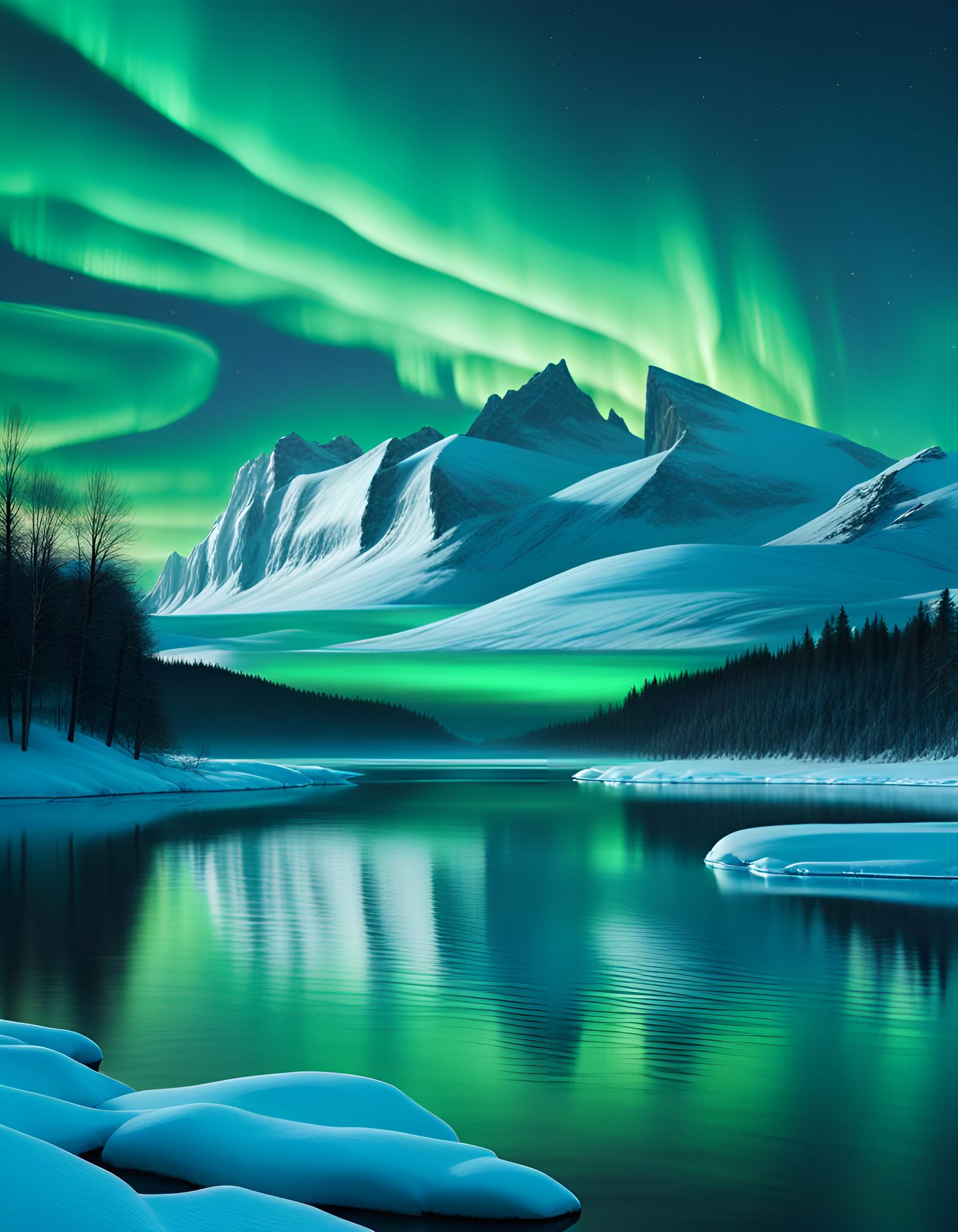 Aurora Borealis Over Frozen Lake Matte Painting