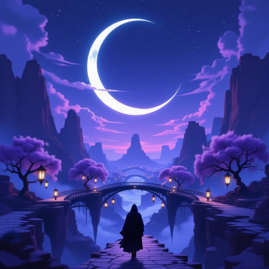 Traveler in Luminous Violet Labyrinth Garden