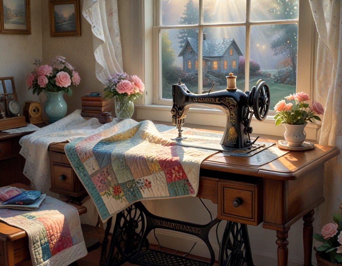 Antique Sewing Machine with Quilt in Ethereal Light