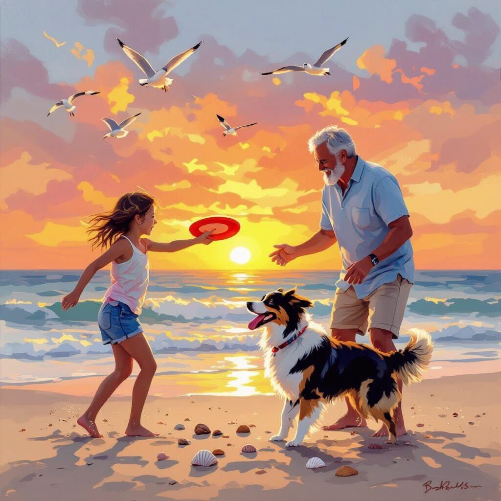 Father, Daughter, and Dog Playing at Beach at Sunrise
