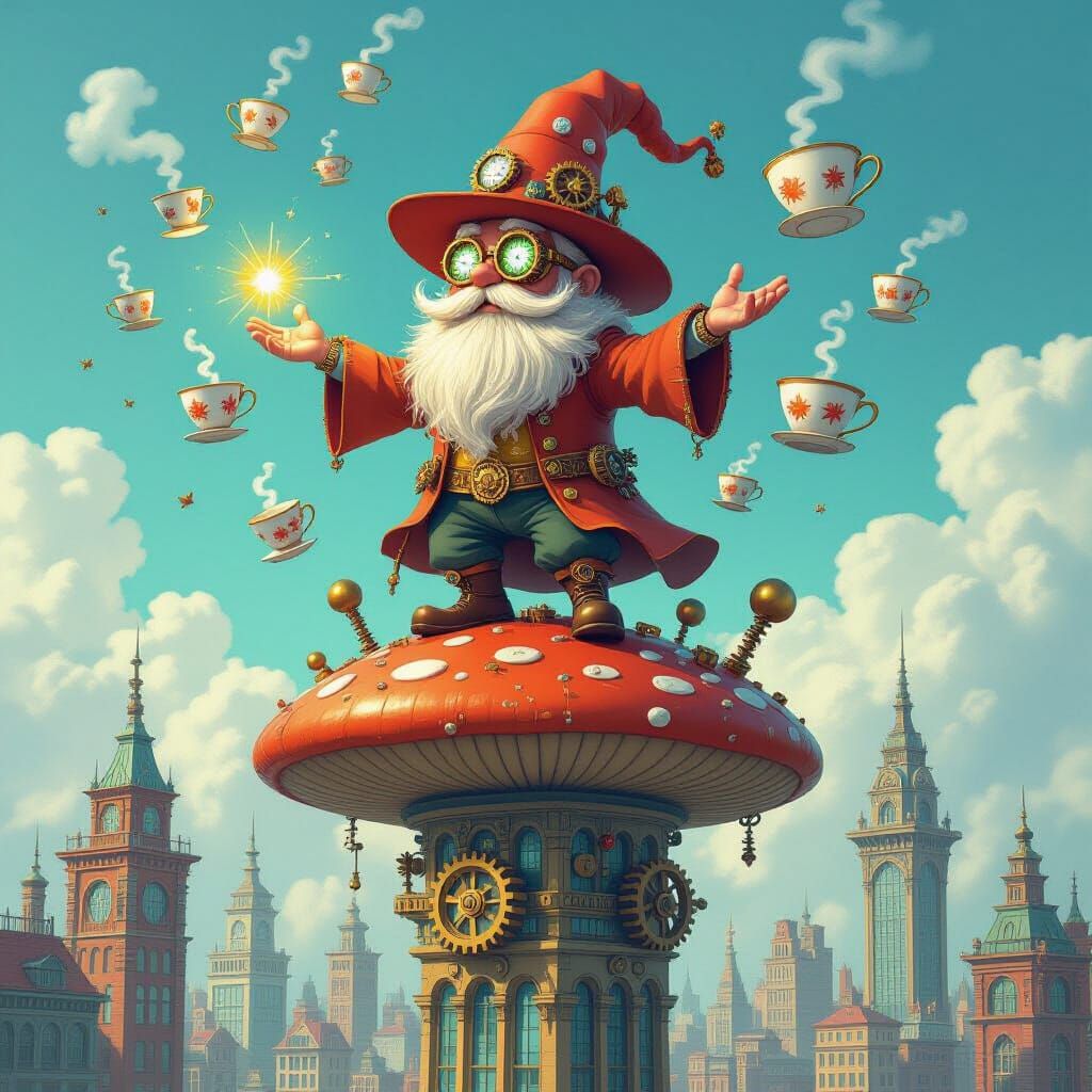 Clockwork Wizard Casting Spell Over Mushroom Skyscraper City