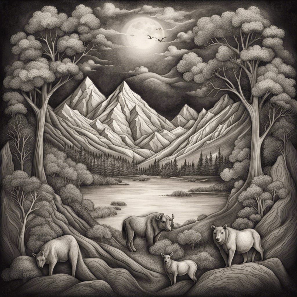 Detailed Charcoal Logo Featuring Nature Elements