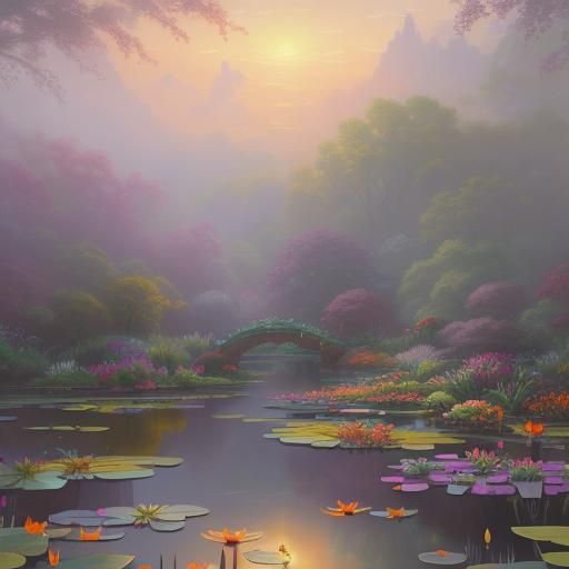 Orange Dragonfly Over Lily Pond in Luminist Style