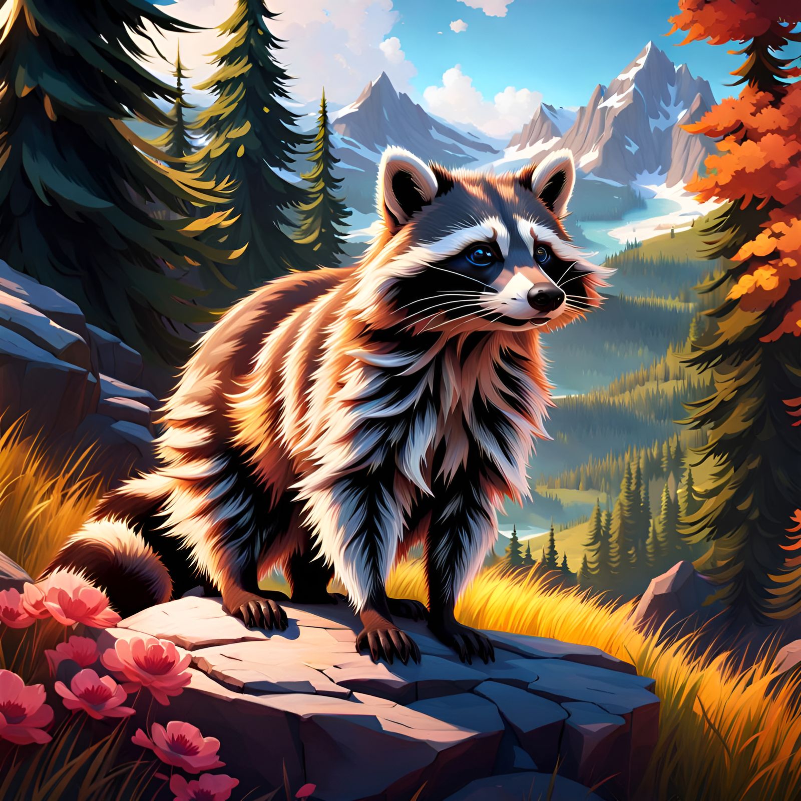 Realistic Raccoon Portrait in Mountain Landscape