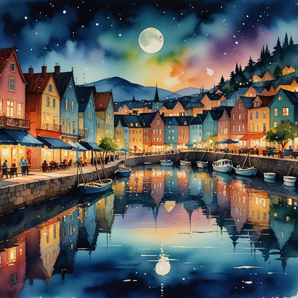 Whimsical Watercolor Village Under Gentle Moonlight