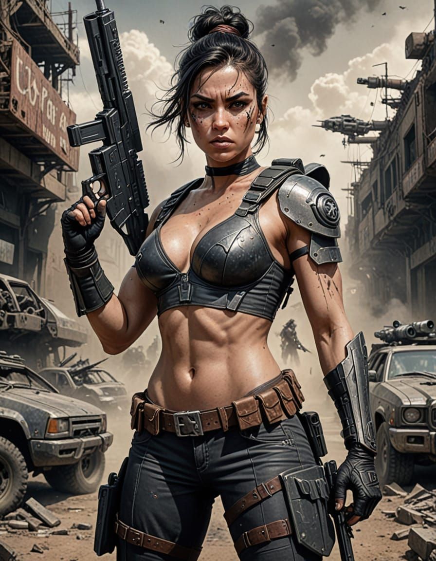 Fierce Female Road Warrior in Futuristic Battle