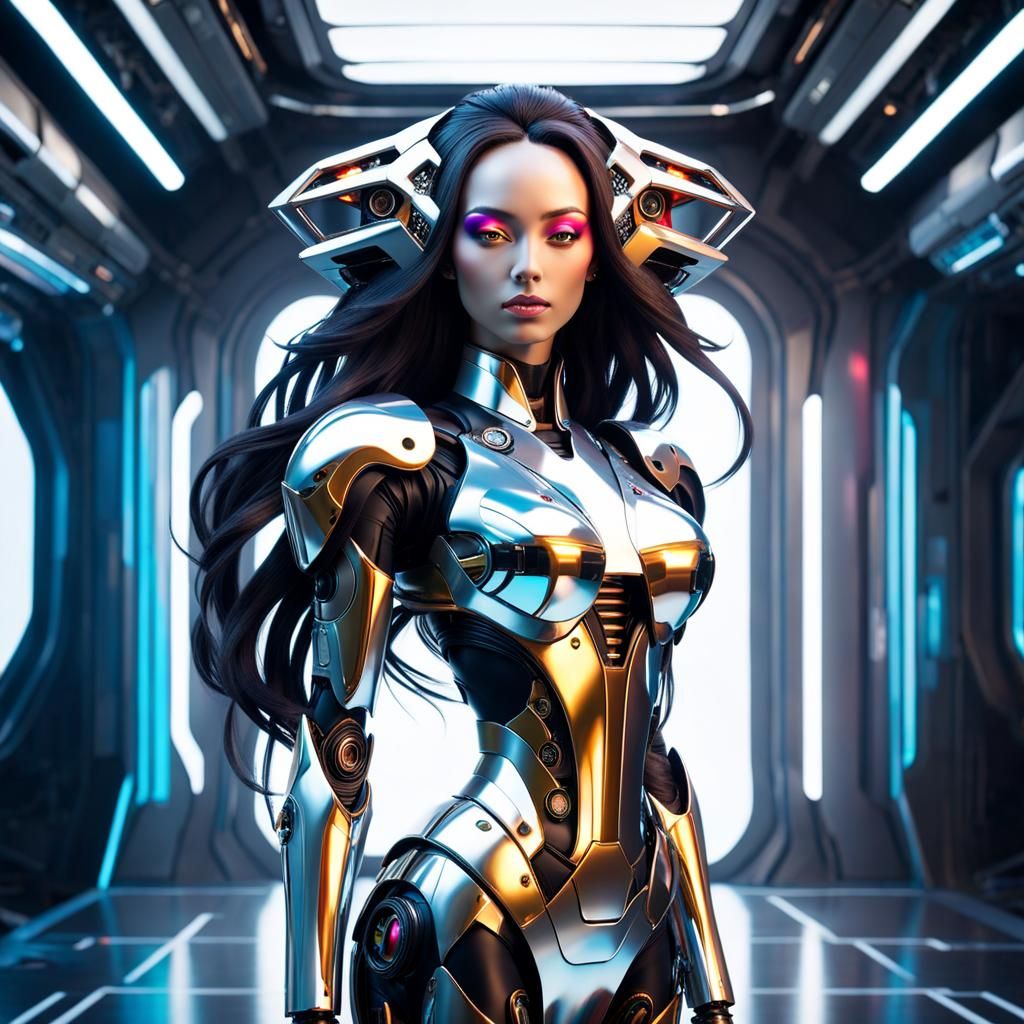 Goddess Robot with Reflective Metal Finish