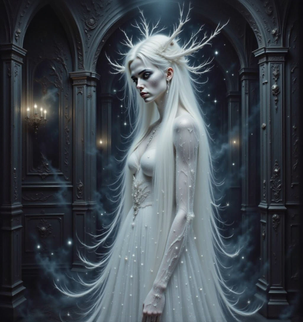 Ethereal White Ghost Woman in Gothic Mansion
