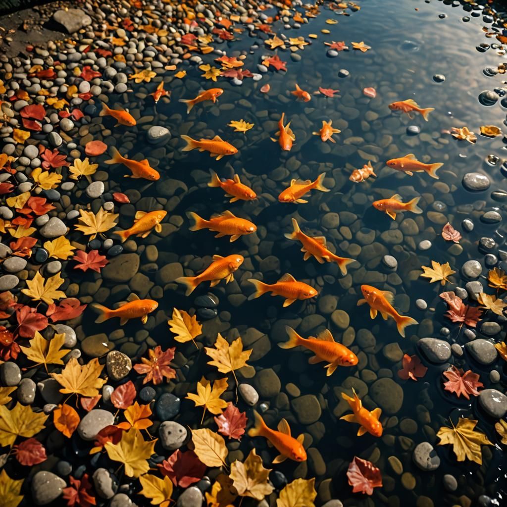 Goldfish, Autumn Leaves, and Reflected Sunlight
