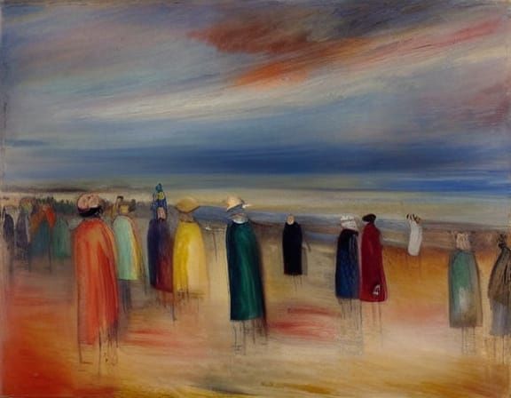 Victorian Beach Scene with Fiery Sky, LS Lowry Style