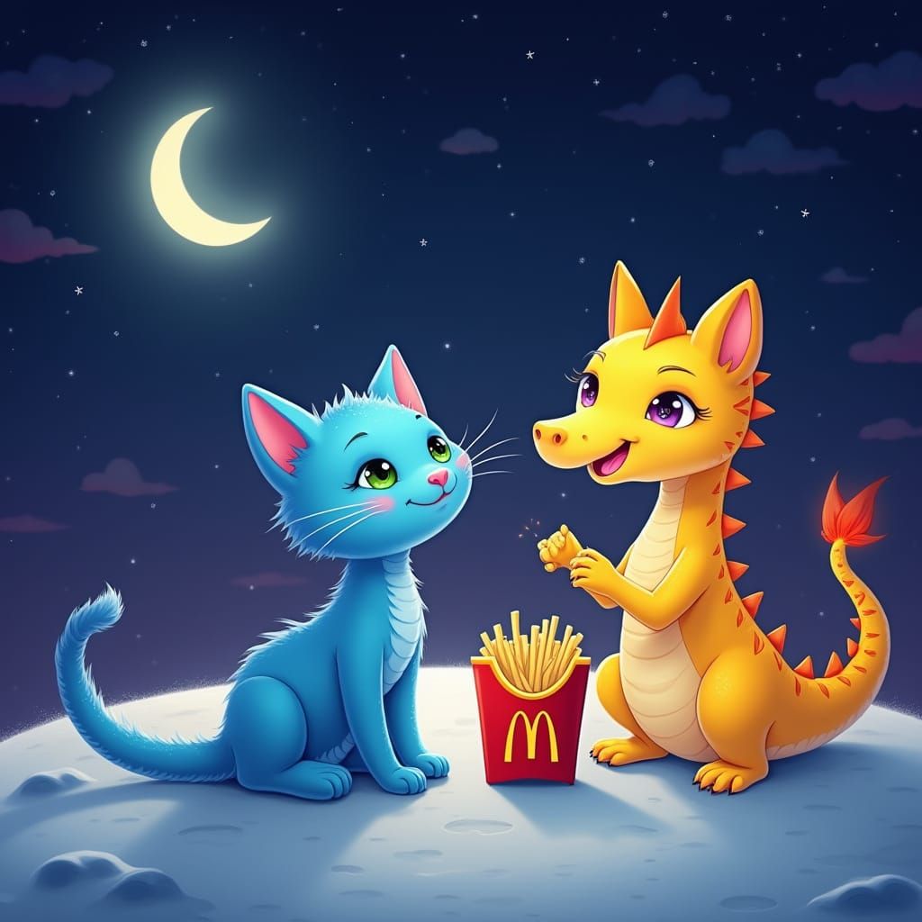 Whimsical Moonlit Scene with Blue Cat and Yellow Dragon Shar...