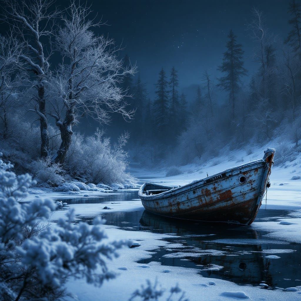 Mysterious Rusted Boat on Snowy Shoreline Under Starry Night