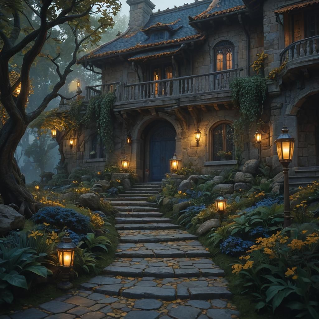 Mystical House with Stone Path in Fantasy Art Style