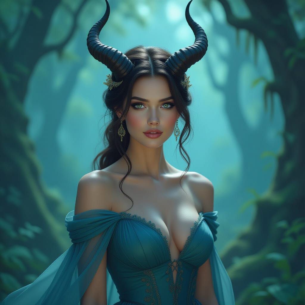 Elegant Horned Woman in Mystical Forest