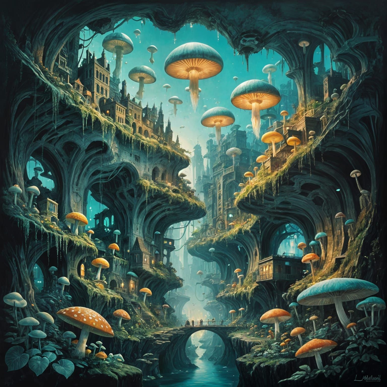 Surreal Bioluminescent Underground Cityscape by Magritte