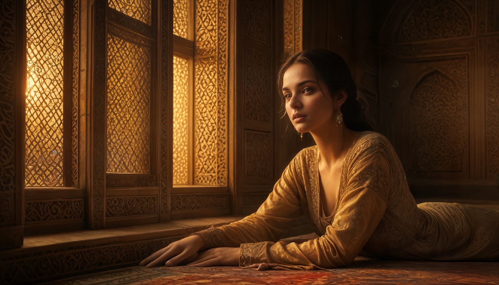 Disconsolate Woman in Ornate Harem, Running Fingers in Scent...