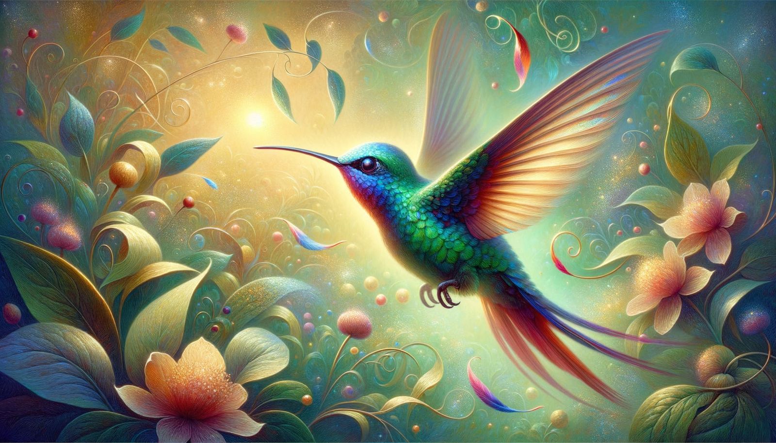 Hummingbird in Lush Garden Illustration
