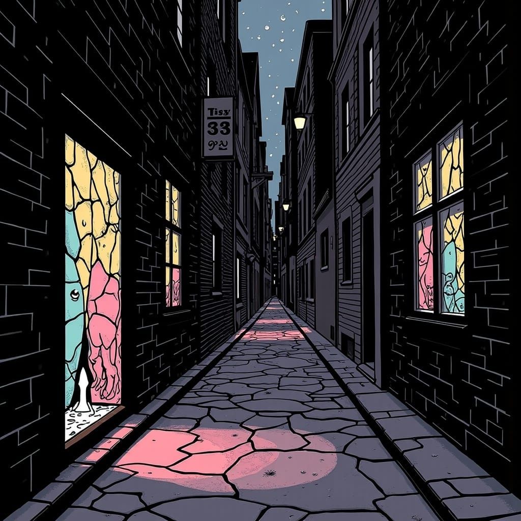 Rain-Soaked Alley with Fractured Stained Glass Light