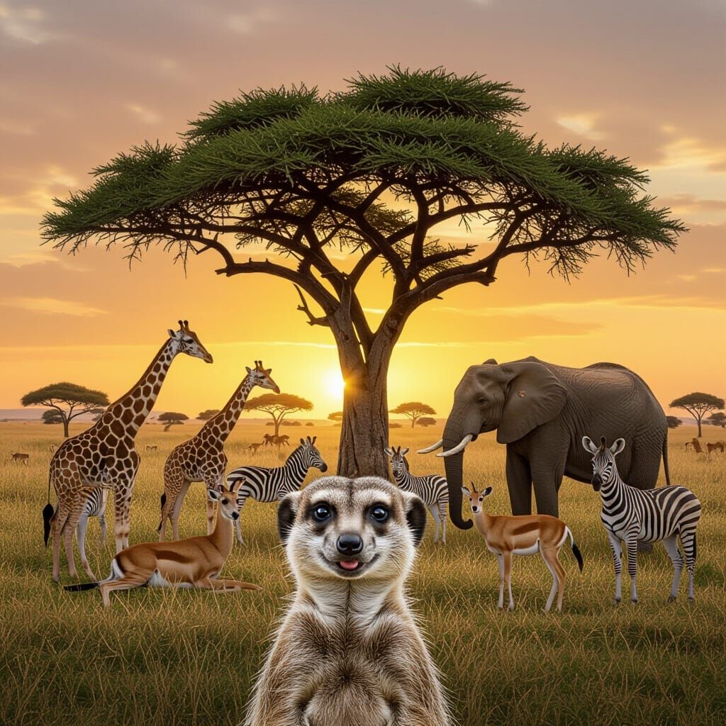Savannah Sunset: Hyperrealistic Wildlife Scene with Meerkat