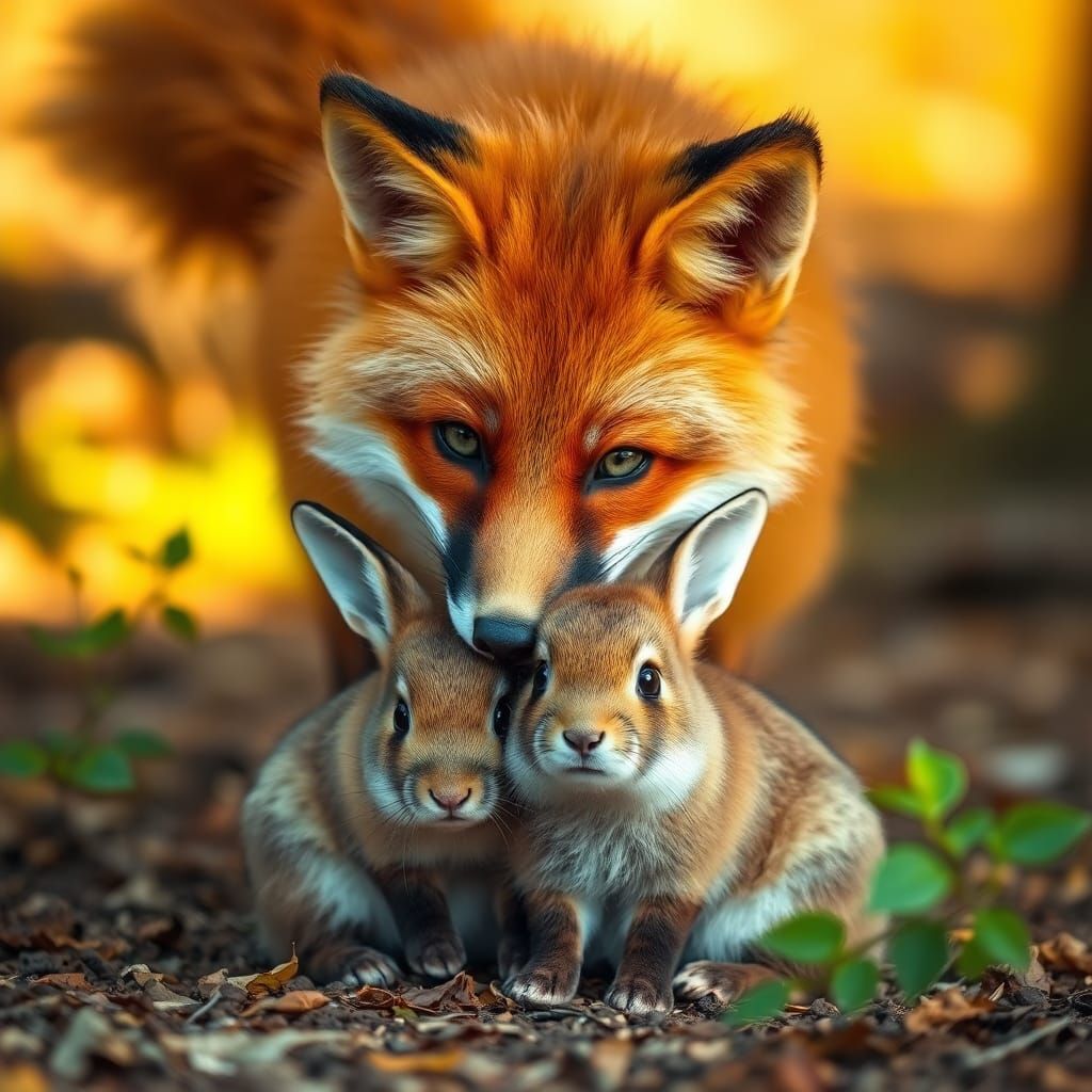 Fox Nuzzles Bunny in Warm Forest Light