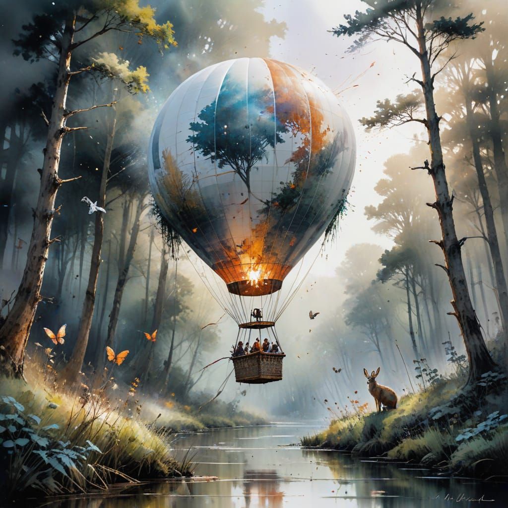 Hot Air Balloon over Woodland in Watercolour Style