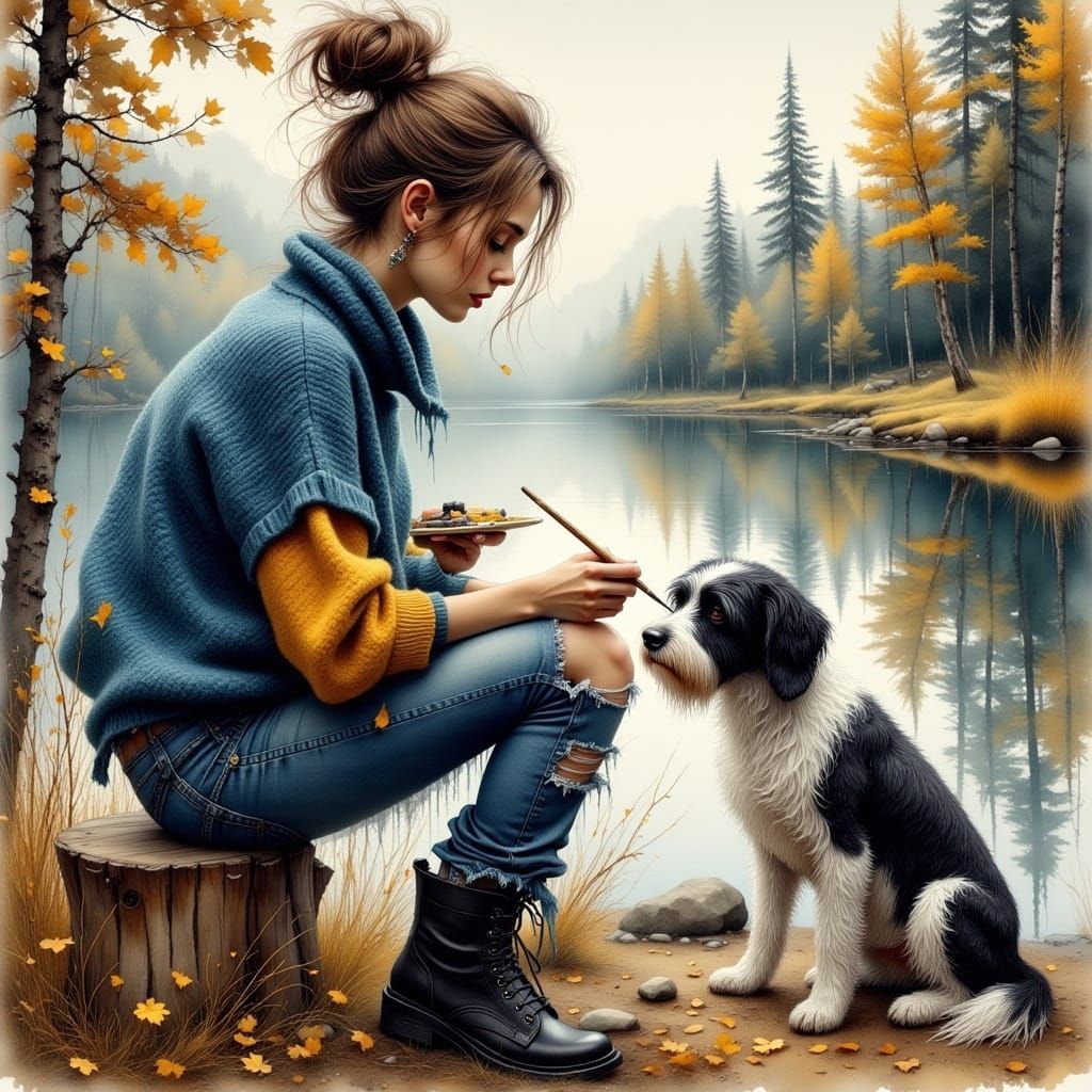 Woman Paints Dog Portrait in Hyperrealistic Autumn Scene