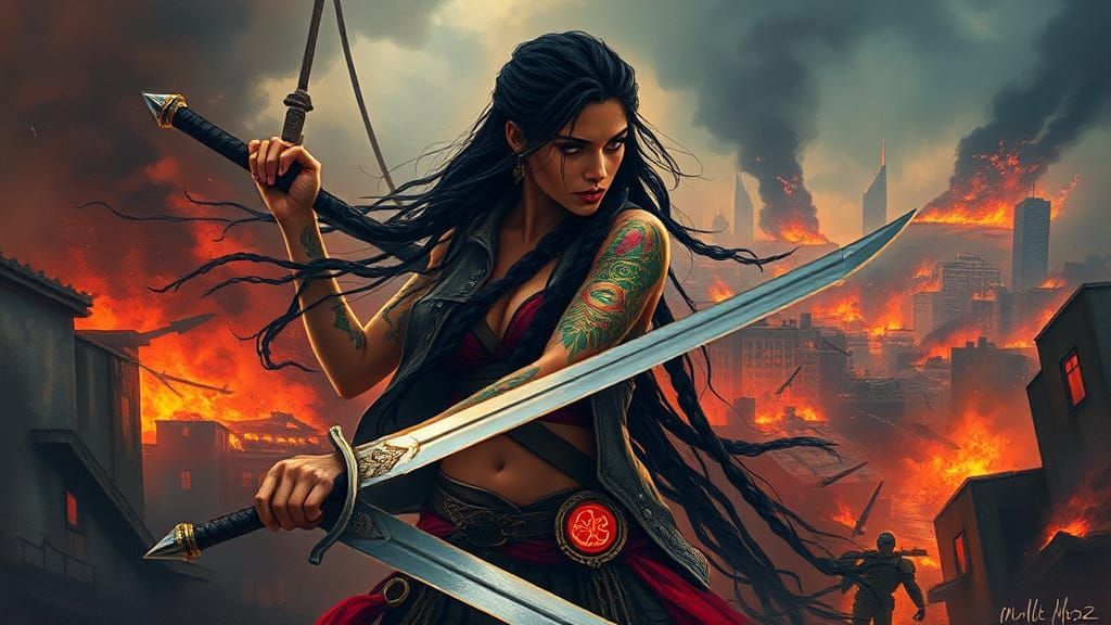 Latina Warrioress in Dystopian Cityscape: Mixed Media Art