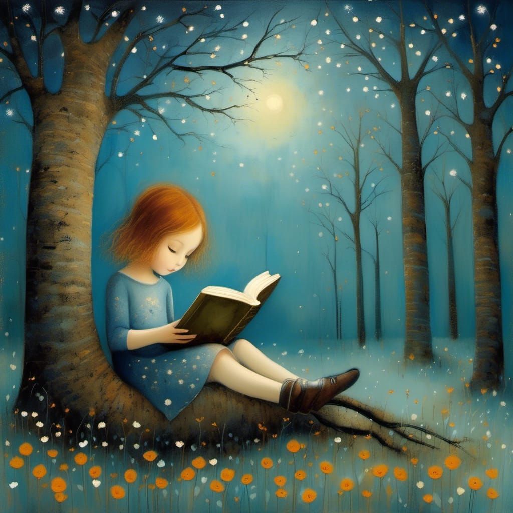 Girl Reading Book by Tree in Storybook Style
