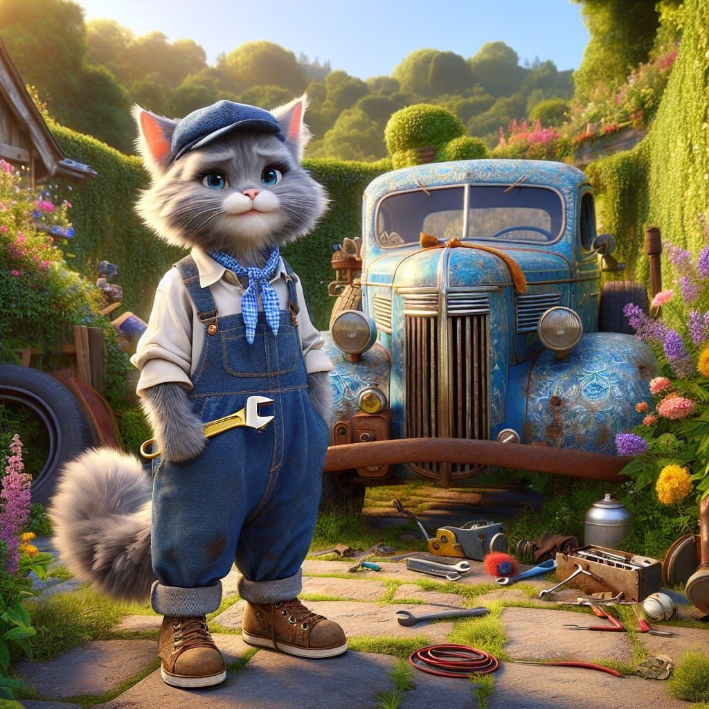 Anthropomorphic Tabby Cat Mechanic with Old Truck