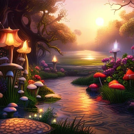 Enchanted Forest Village Under Starry Night Sky